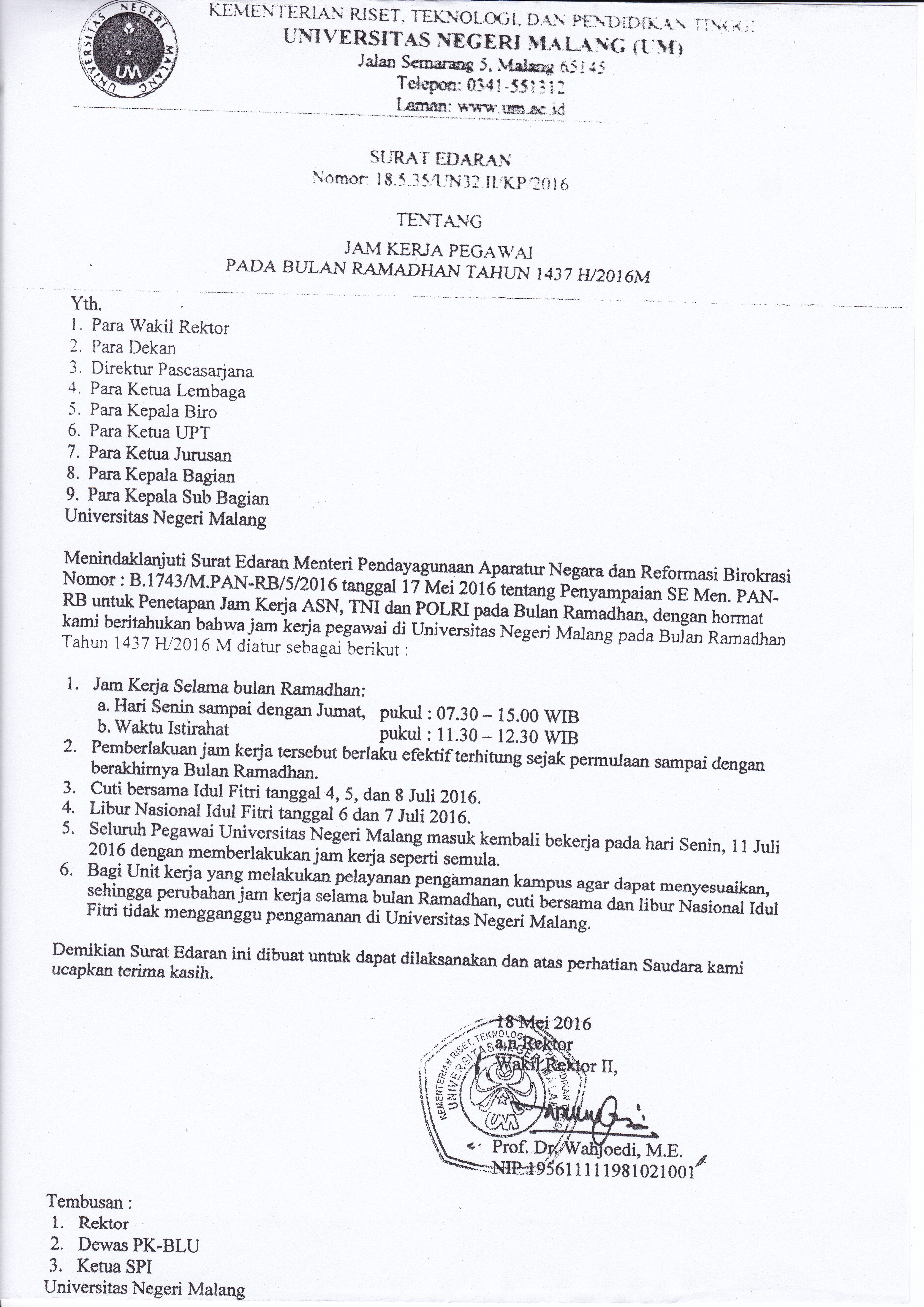 Surat Edaran Jam Kerja Pegawai selama Bulan Ramadhan 2016