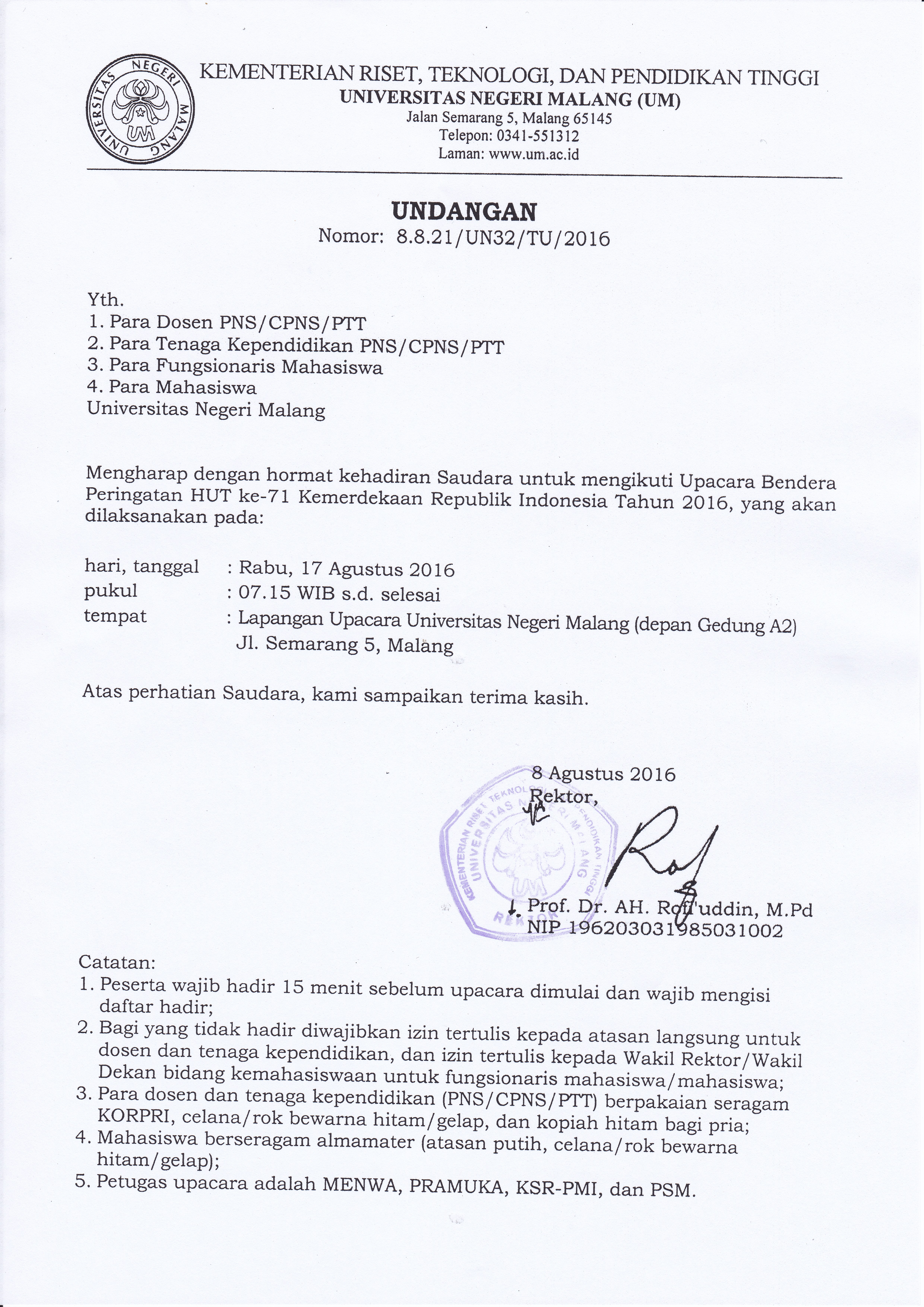 Pengumuman Upacara Bendera Peringatan HUT RI ke-71 Tahun 2016