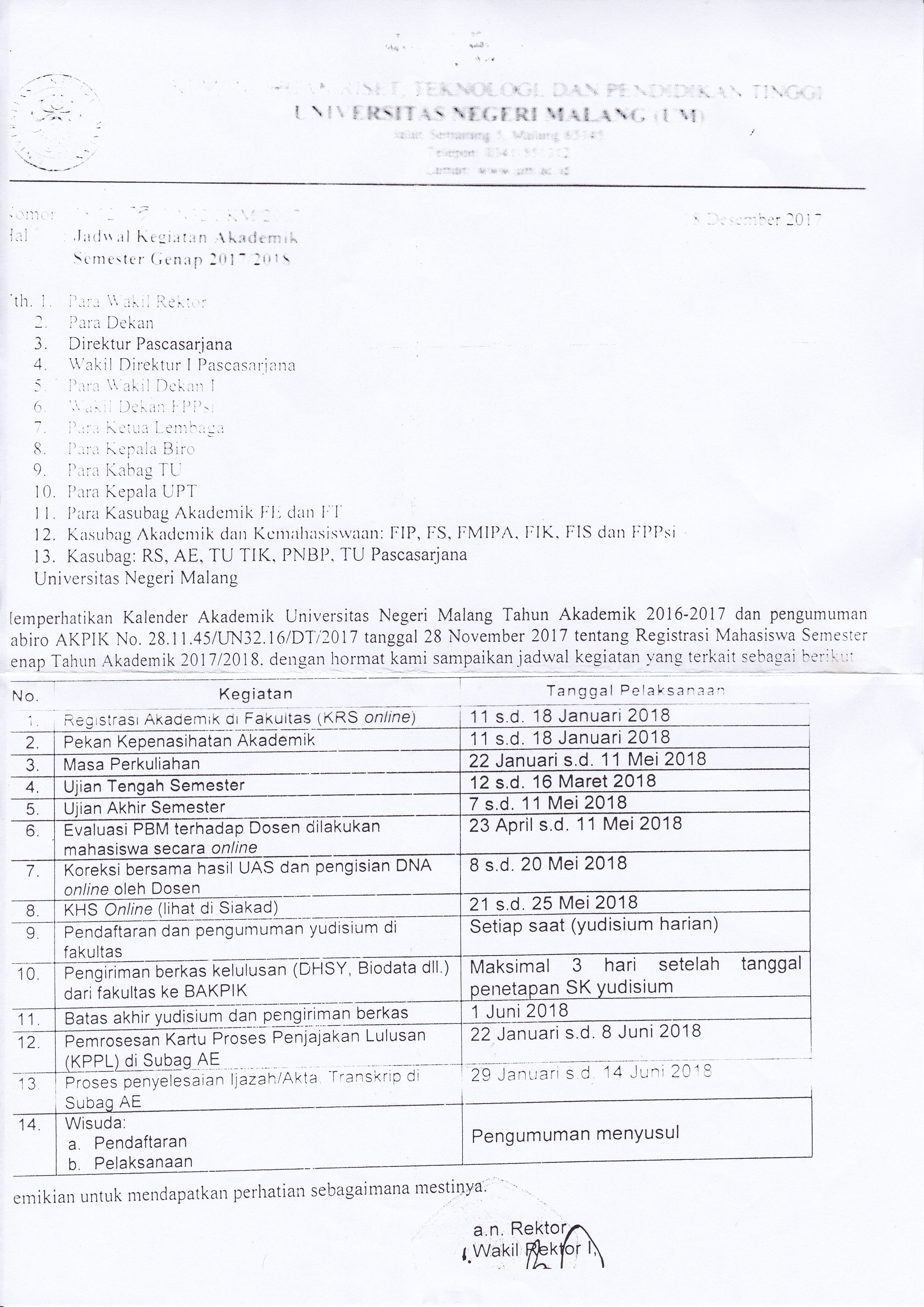 Jadwal Kegiatan Akademik Semester Genap 2017/2018 Universitas Negeri Malang