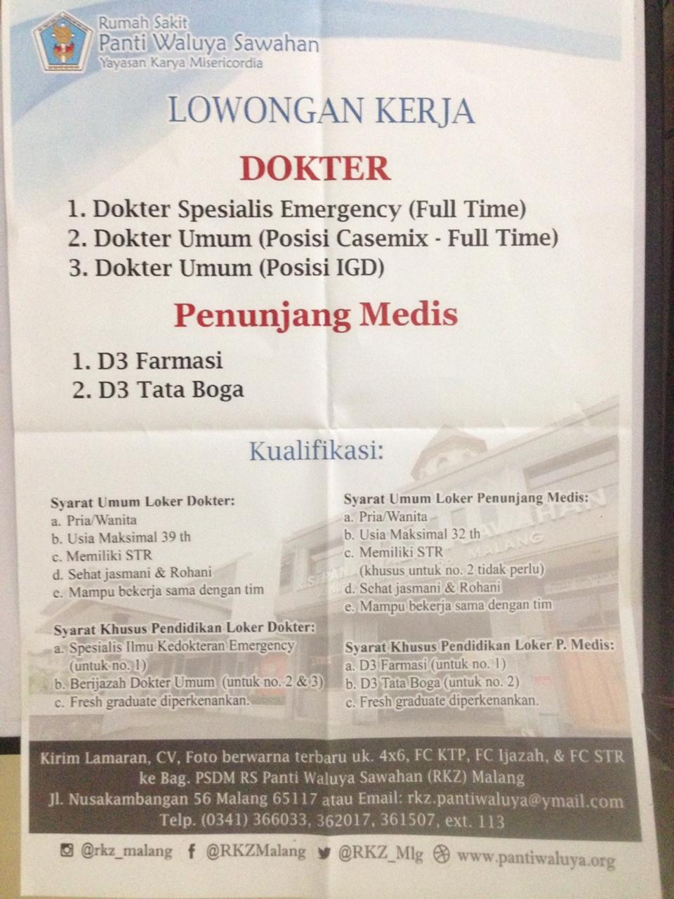 Lowongan Pekerjaan Rumah Sakit Panti Waluyo Sawahan Kota Malang